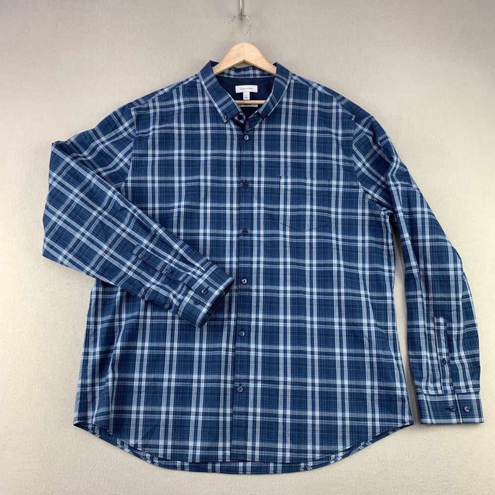 Calvin Klein INFINITE Oxford Shirt Mens XXL Blue Plaid Long Sleeve Button Down